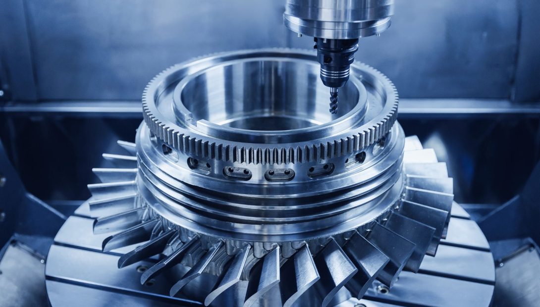 CNC milling machine machining a precision metal turbine component